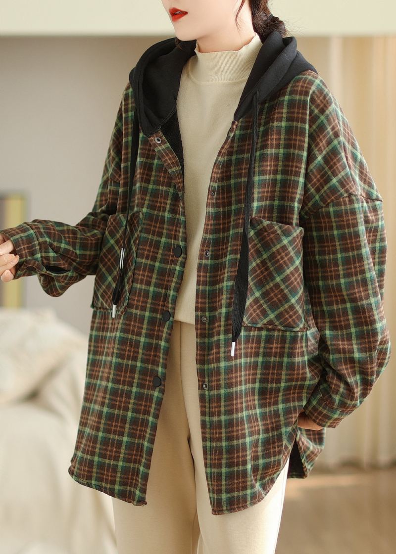 Vert Poches Plaid Ample Chaud Polaire Veste À Capuche Hiver - Manteaux d'hiver femmes