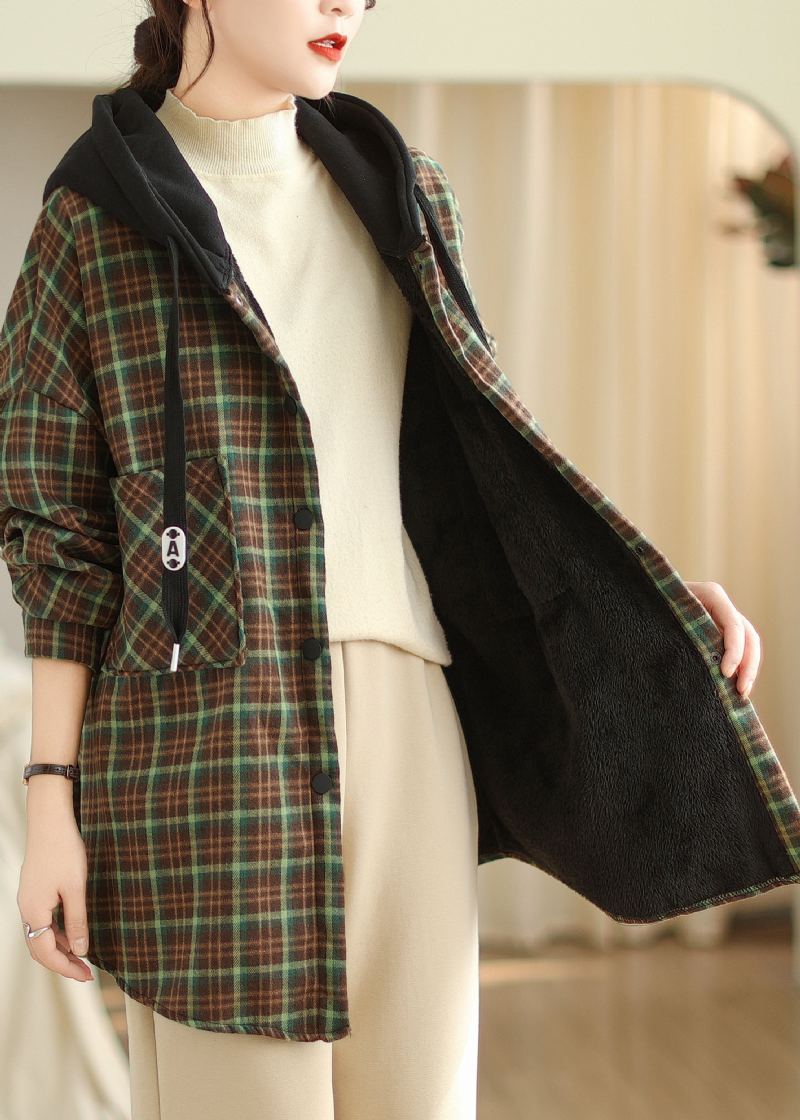 Vert Poches Plaid Ample Chaud Polaire Veste À Capuche Hiver - Manteaux d'hiver femmes