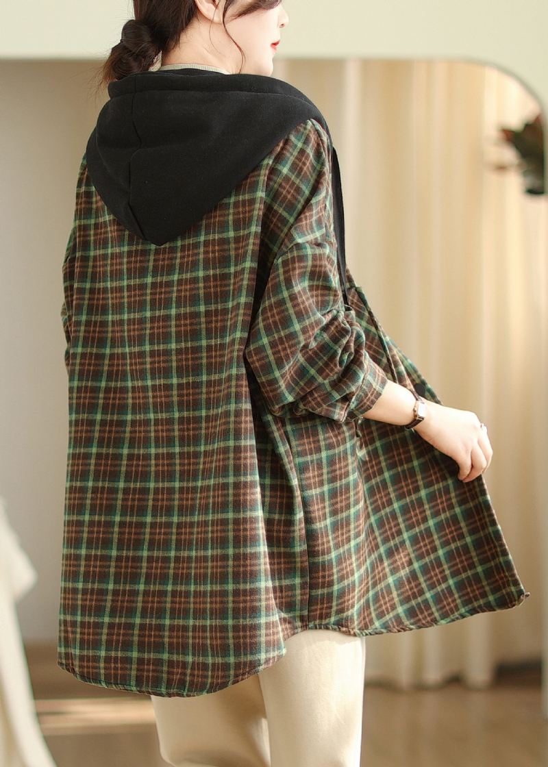 Vert Poches Plaid Ample Chaud Polaire Veste À Capuche Hiver - Manteaux d'hiver femmes