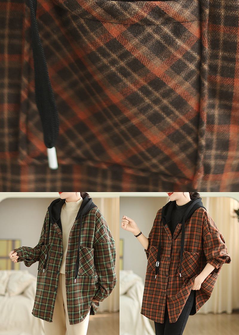 Vert Poches Plaid Ample Chaud Polaire Veste À Capuche Hiver - Manteaux d'hiver femmes