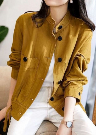 Veste Ample En Coton Jaune Col Montant Boutons Patchwork Automne