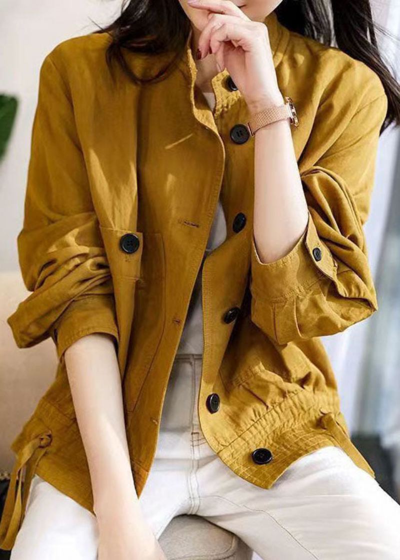 Veste Ample En Coton Jaune Col Montant Boutons Patchwork Automne - Manteaux d'hiver femmes