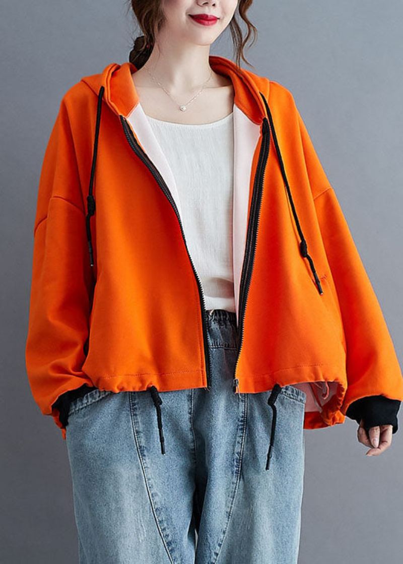 Veste D'automne À Capuche Orange Unique Avec Cordon De Serrage Et Manches Longues - Manteaux d'hiver femmes