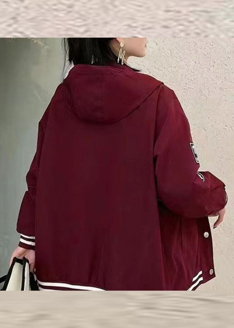 Veste À Capuche Boutonnée En Denim Imprimé Graphique Rouge Vin À La Mode Automne - Vin Rouge