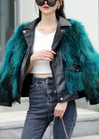 Veste Chic En Cuir Et Fourrure Poches Bleu Paon Manches Longues