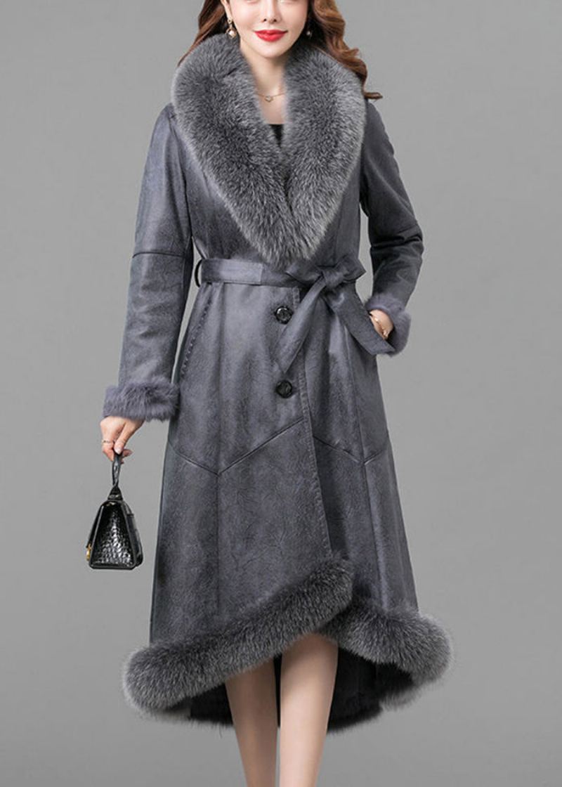 Veste En Cuir Et Fourrure De Lapin Fuzzy Gris Silm Fit Col Renard Hiver