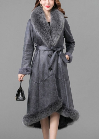 Veste En Cuir Et Fourrure De Lapin Fuzzy Gris Silm Fit Col Renard Hiver