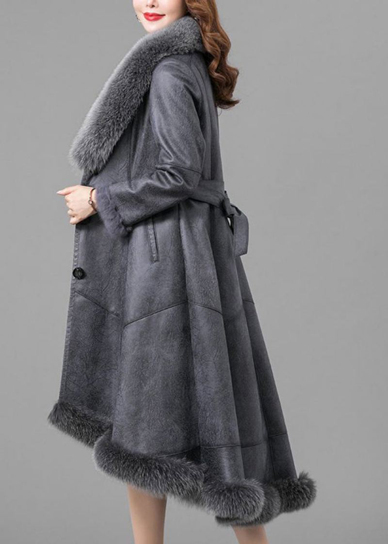 Veste En Cuir Et Fourrure De Lapin Fuzzy Gris Silm Fit Col Renard Hiver - Manteaux d'hiver femmes