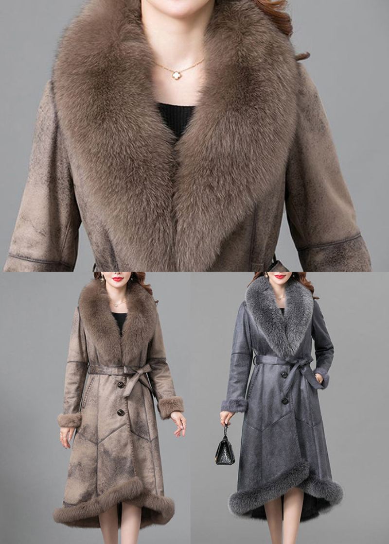 Veste En Cuir Et Fourrure De Lapin Fuzzy Gris Silm Fit Col Renard Hiver - Manteaux d'hiver femmes