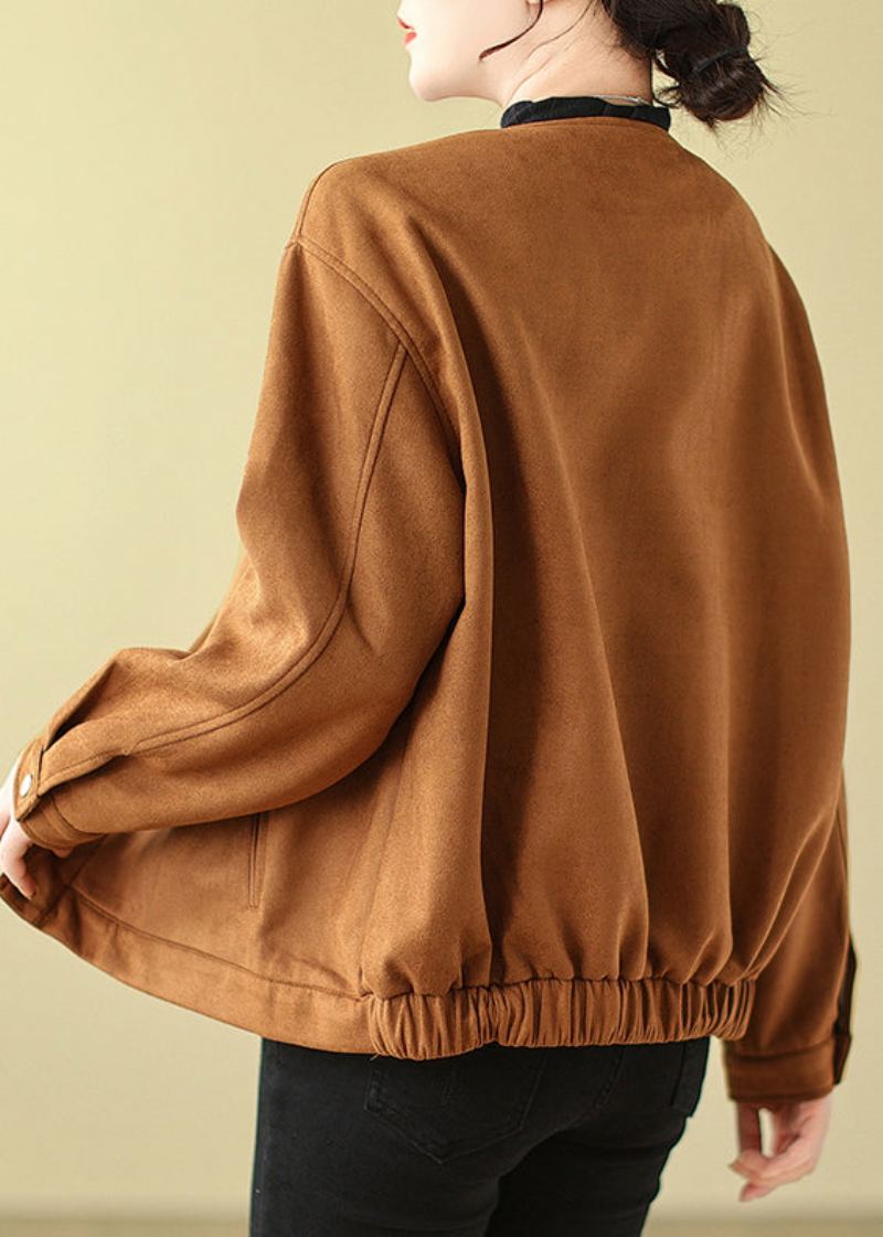 Veste En Faux Suède Camel Col Rond Surdimensionné Printemps - Manteaux d'hiver femmes