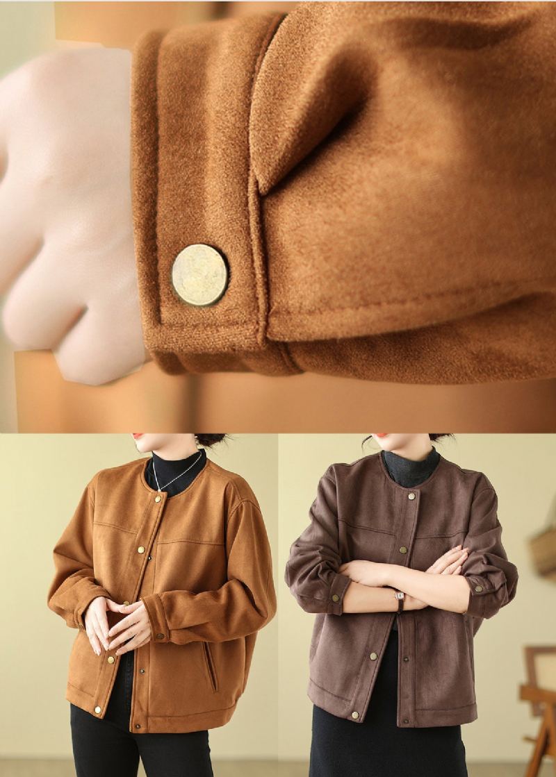 Veste En Faux Suède Camel Col Rond Surdimensionné Printemps - Manteaux d'hiver femmes