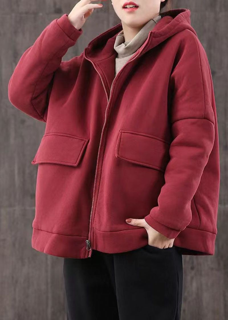 Veste D'hiver Élégante Et Décontractée Manteaux Patchwork Pardessus Court Rouge À Capuche - Noir