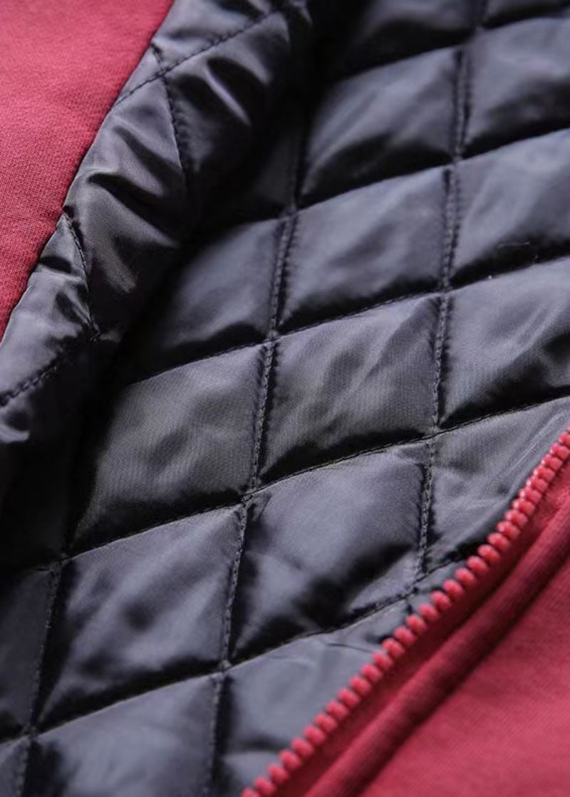 Veste D'hiver Élégante Et Décontractée Manteaux Patchwork Pardessus Court Rouge À Capuche - Noir