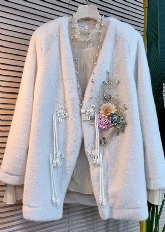 Veste D'hiver En Fausse Fourrure Élégante Blanche Col En V Pompons Décoration Florale