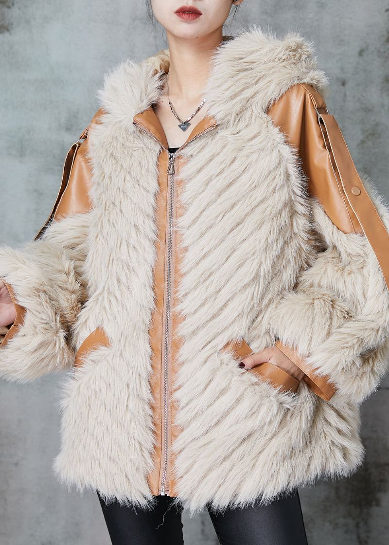 Veste D'hiver En Faux Cuir Et Fourrure À Capuche Abricot Fait À La Main - Manteaux d'hiver femmes