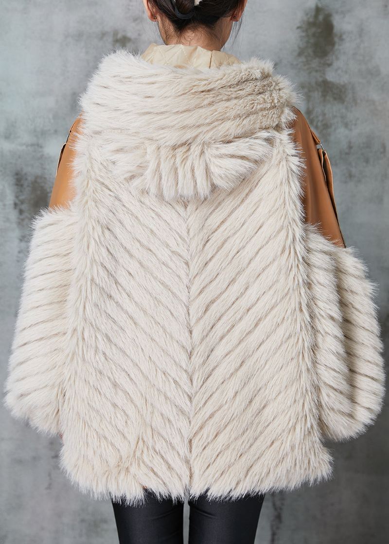 Veste D'hiver En Faux Cuir Et Fourrure À Capuche Abricot Fait À La Main - Manteaux d'hiver femmes