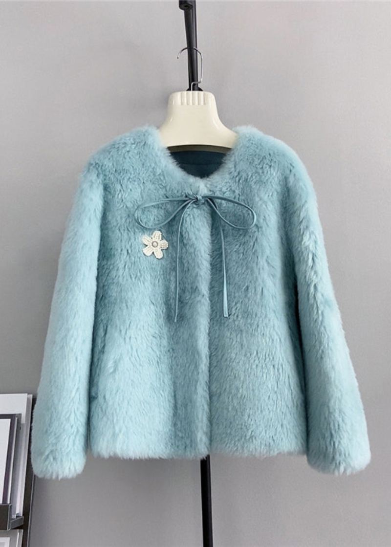 Veste D'hiver En Laine À Décoration Florale Bleu Unique Col Rond Nœud