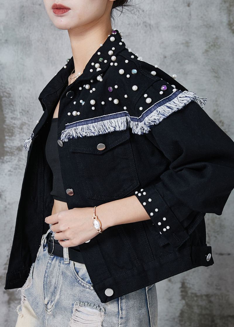 Veste En Jean Bohème Noire À Franges Patchwork De Perles À Ongles Printemps - Manteaux d'hiver femmes