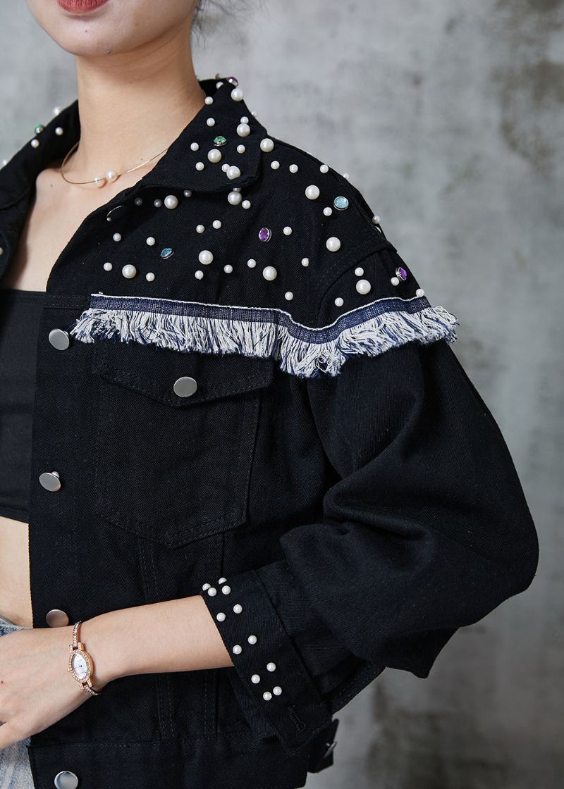 Veste En Jean Bohème Noire À Franges Patchwork De Perles À Ongles Printemps - Manteaux d'hiver femmes