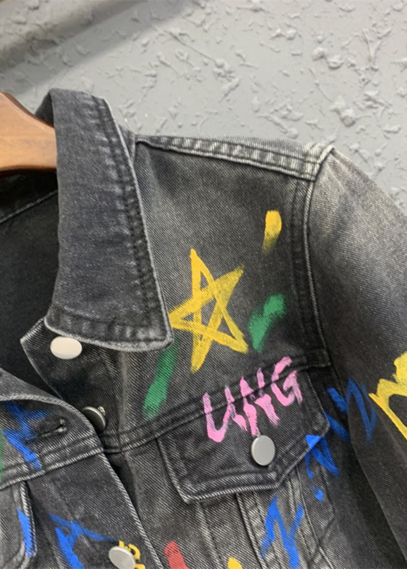 Veste En Jean Graffiti À Revers Gris Noir Décontracté Automne - Manteaux d'hiver femmes