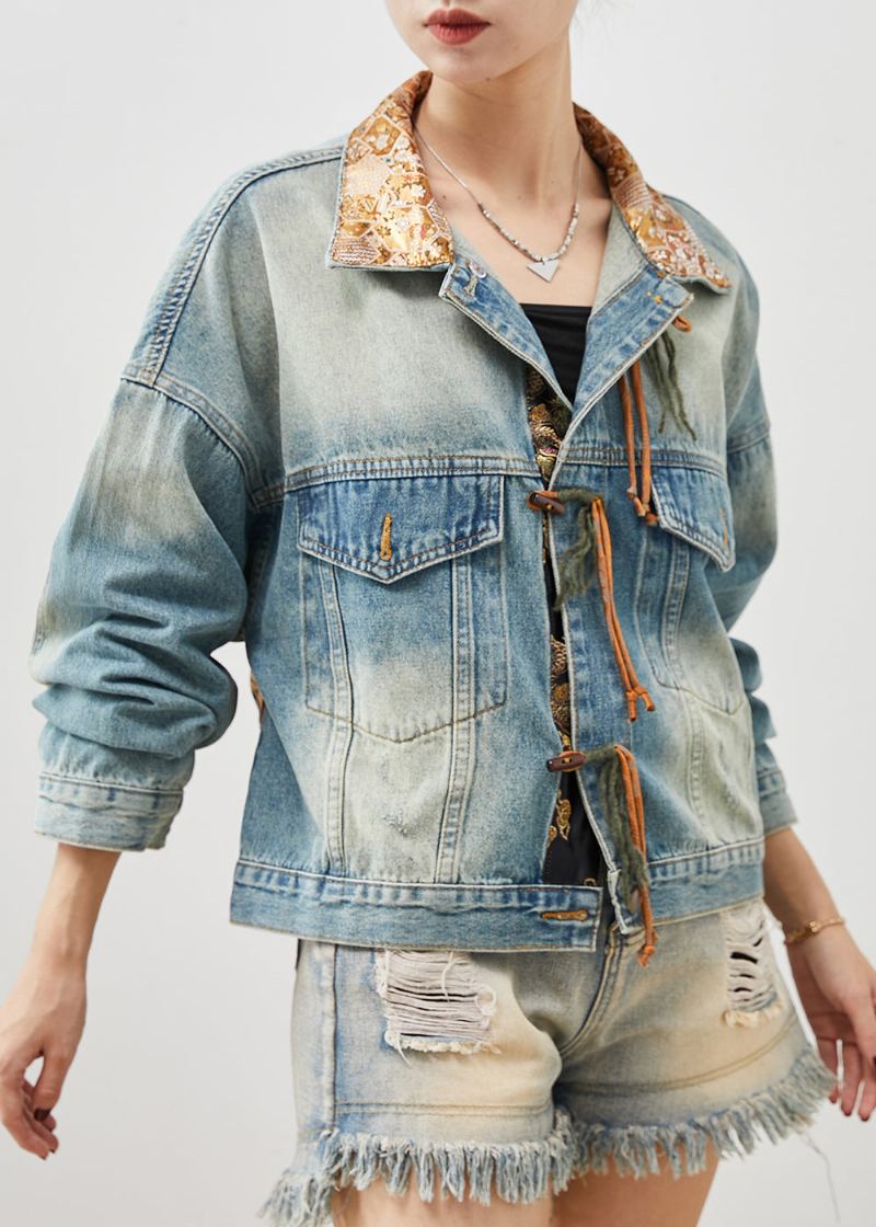 Veste En Jean Patchwork À Franges Bleu Français Printemps - Manteaux d'hiver femmes