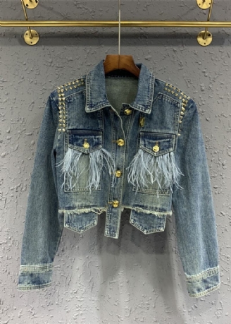 Veste En Jean Patchwork À Rivets Et Pompons Bleu Élégant Automne