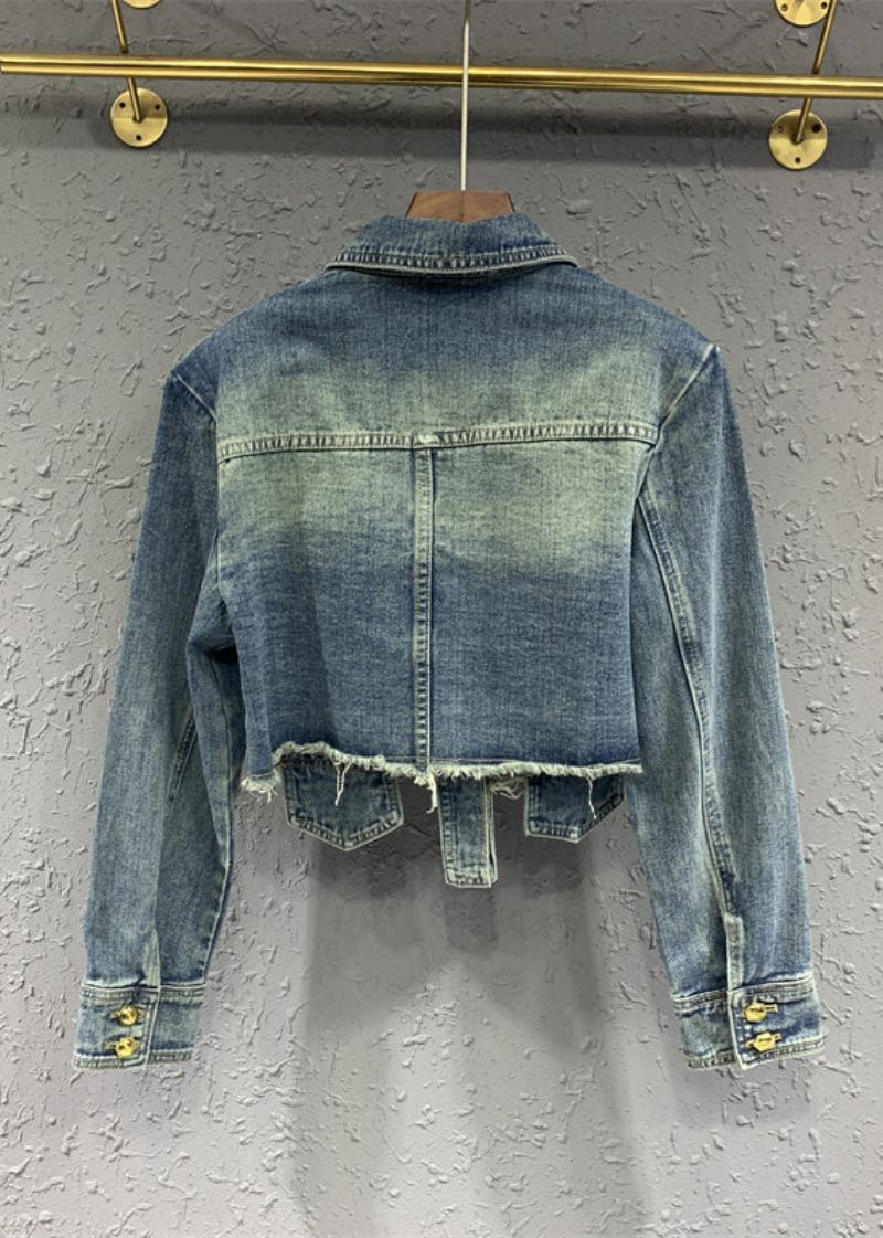 Veste En Jean Patchwork À Rivets Et Pompons Bleu Élégant Automne - Manteaux d'hiver femmes