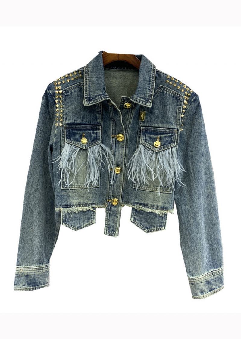 Veste En Jean Patchwork À Rivets Et Pompons Bleu Élégant Automne - Manteaux d'hiver femmes