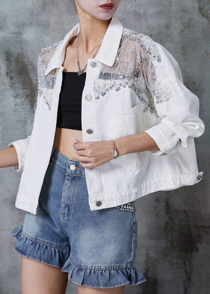 Veste En Jean En Tulle Patchwork Blanc Zircon Printemps