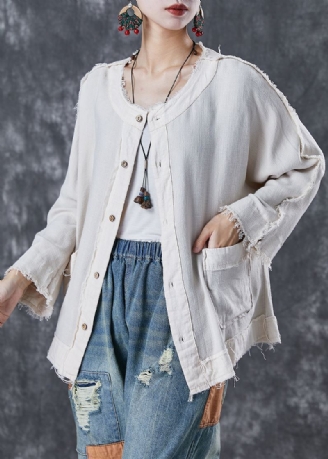 Veste En Lin Blanche Chic Avec Poches Surdimensionnées Automne