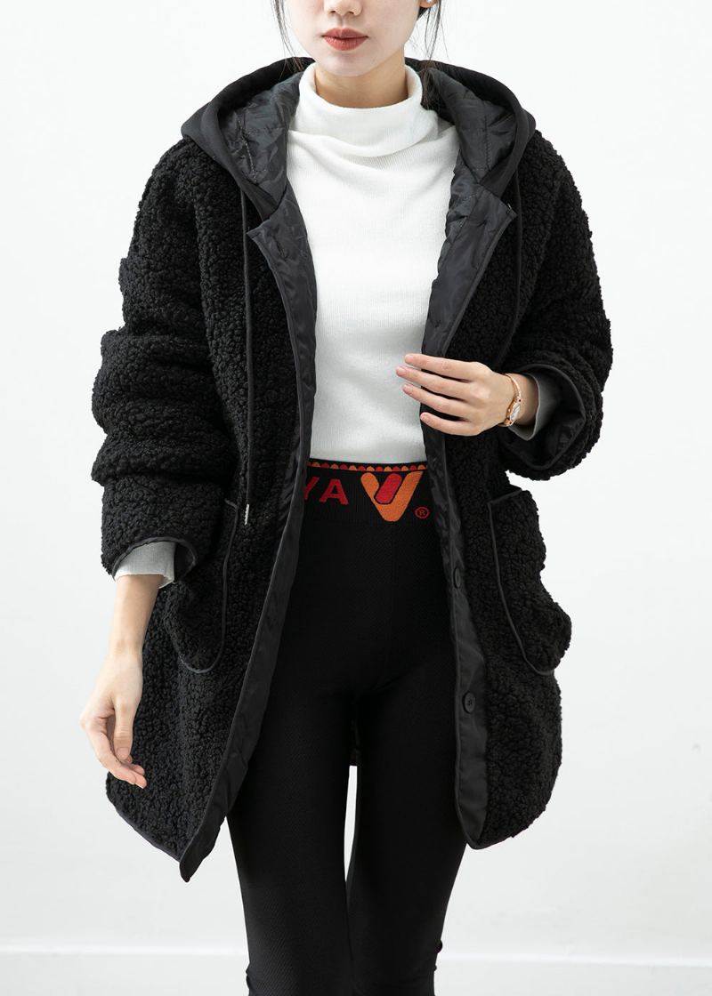 Veste Noire En Fausse Fourrure Teddy Patchwork Poches À Capuche Hiver - Manteaux d'hiver femmes