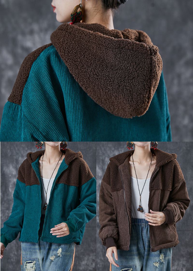 Veste Polaire Chaude Patchwork Marron À Capuche Hiver - Manteaux d'hiver femmes