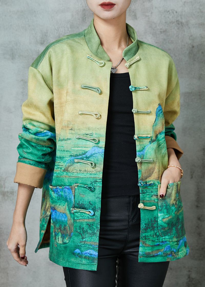 Veste En Soie À Boutons Chinois Imprimé Vert Art Printemps