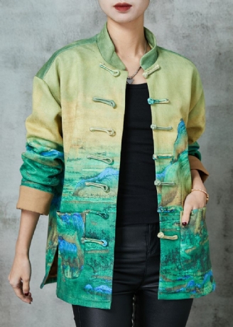 Veste En Soie À Boutons Chinois Imprimé Vert Art Printemps