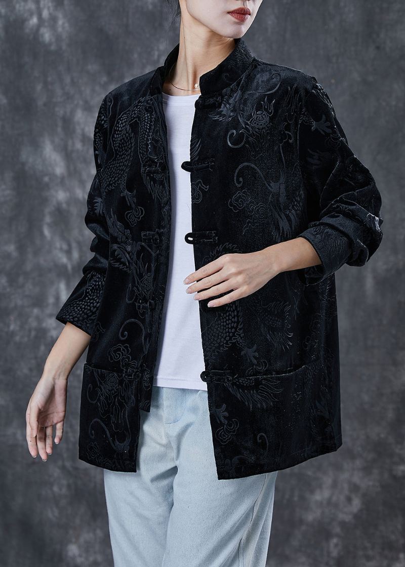 Veste En Velours Côtelé Brodée Noire De Style Chinois Printemps