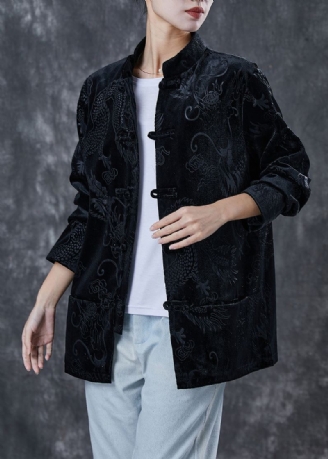 Veste En Velours Côtelé Brodée Noire De Style Chinois Printemps