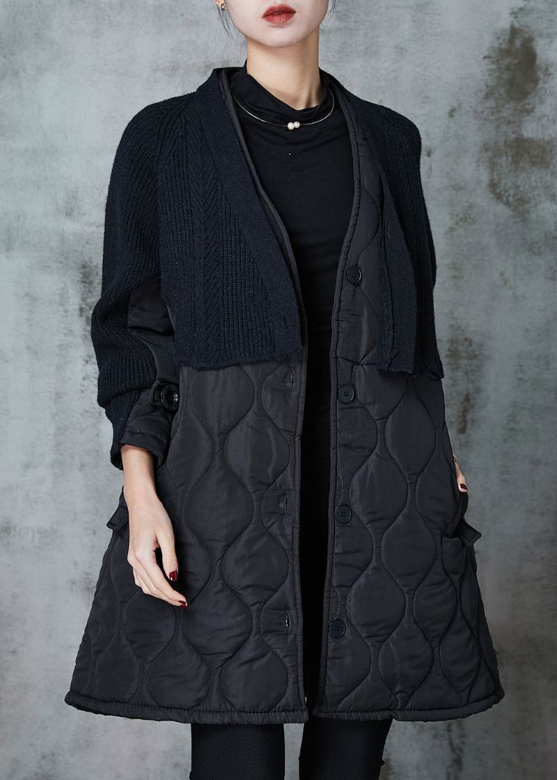 Veste Witner Française Noire À Col En V En Patchwork De Coton Fin Remplie De Printemps - Manteaux d'hiver femmes