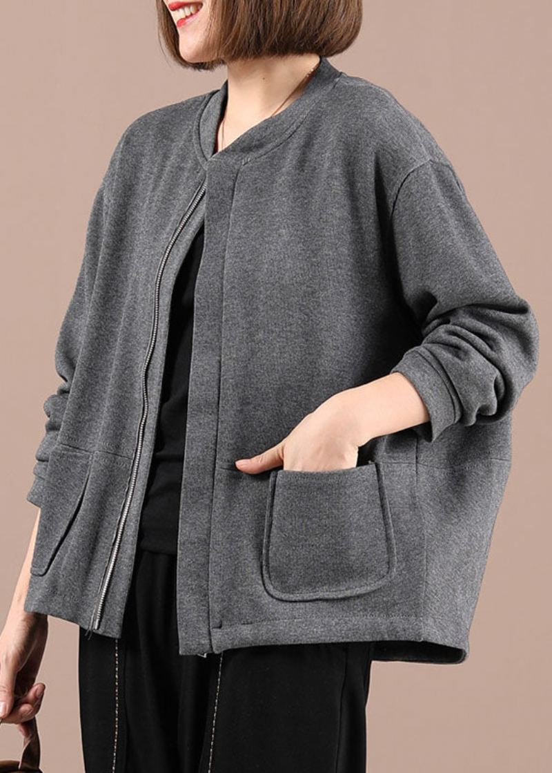 Vestes D'automne À Manches Longues En Tricot Gris Pour Femmes Fermeture Éclair Patchwork