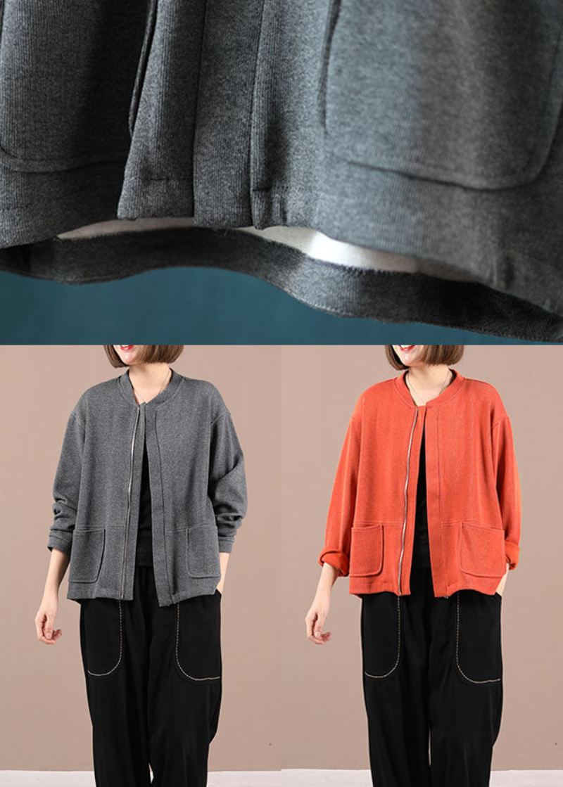 Vestes D'automne À Manches Longues En Tricot Gris Pour Femmes Fermeture Éclair Patchwork - Orange