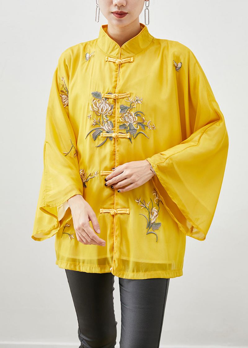 Vestes D'automne En Soie Brodées Jaunes De Style Chinois - Manteaux d'hiver femmes