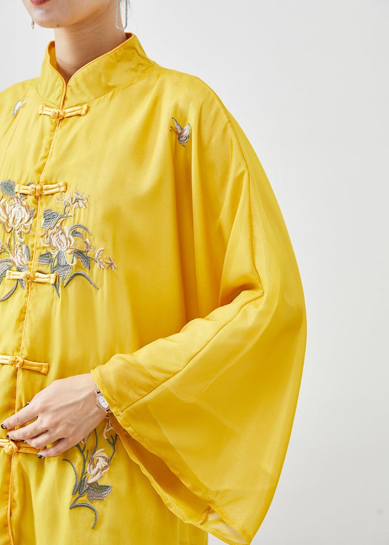 Vestes D'automne En Soie Brodées Jaunes De Style Chinois - Manteaux d'hiver femmes