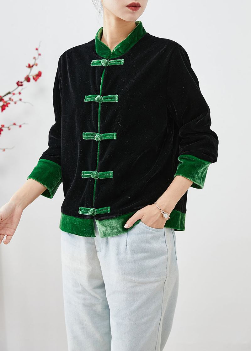 Vestes D'automne En Velours De Soie Boutons Chinois Verts Uniques Patchwork