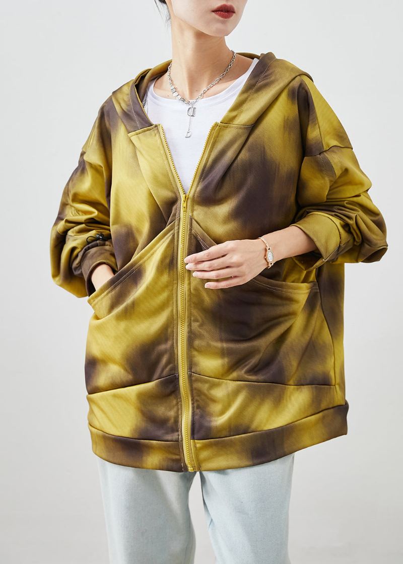 Vestes En Coton Tie Dye À Capuche Jaune Bohème Automne - Manteaux d'hiver femmes