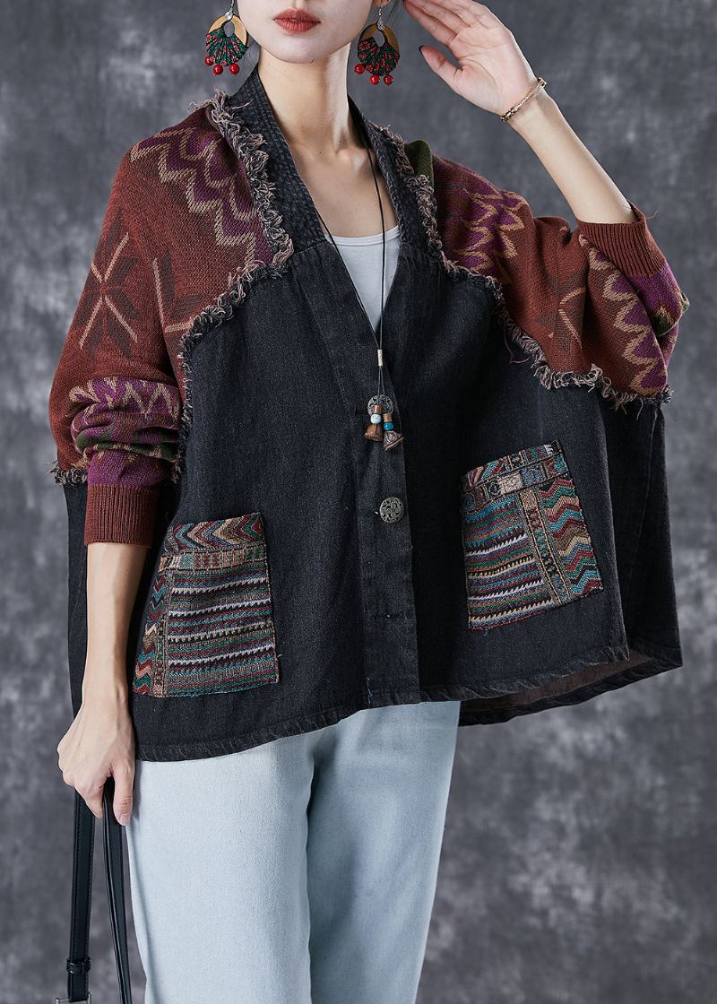 Vestes En Denim Tricotées Patchwork Surdimensionnées Noires Faites À La Main Automne - Manteaux d'hiver femmes