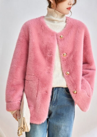 Vestes D'hiver En Fausse Fourrure Rose Moderne Avec Poches À Col Rond Et Boutons