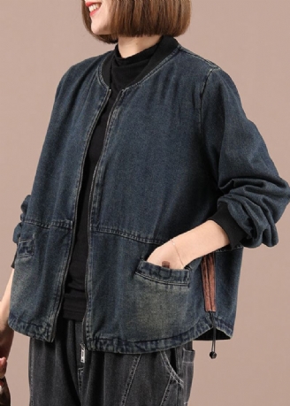 Vestes À Manches Longues En Denim D'automne Avec Poches Zippées Amples Bleues De Grande Taille