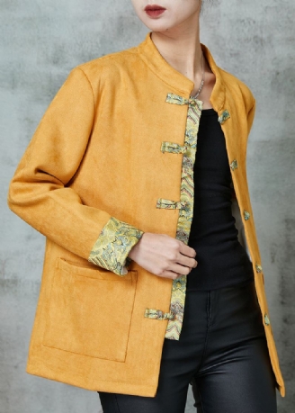 Vestes De Style Chinois En Faux Suède Avec Poches Jaunes Uniques Printemps