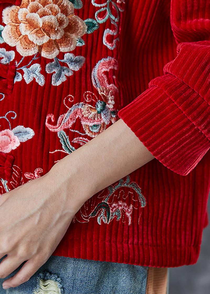 Vestes En Velours Côtelé À Fleurs Brodées Rouges Pour Femmes Printemps - Manteaux d'hiver femmes