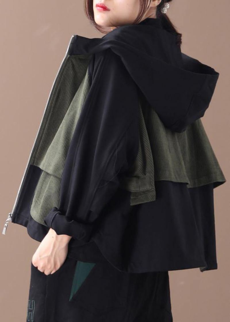 Vêtements D'automne Élégants En Coton À Fermeture Éclair Pour Femmes Tenues Noires Patchwork Chemisiers Verts - Manteaux d'hiver femmes