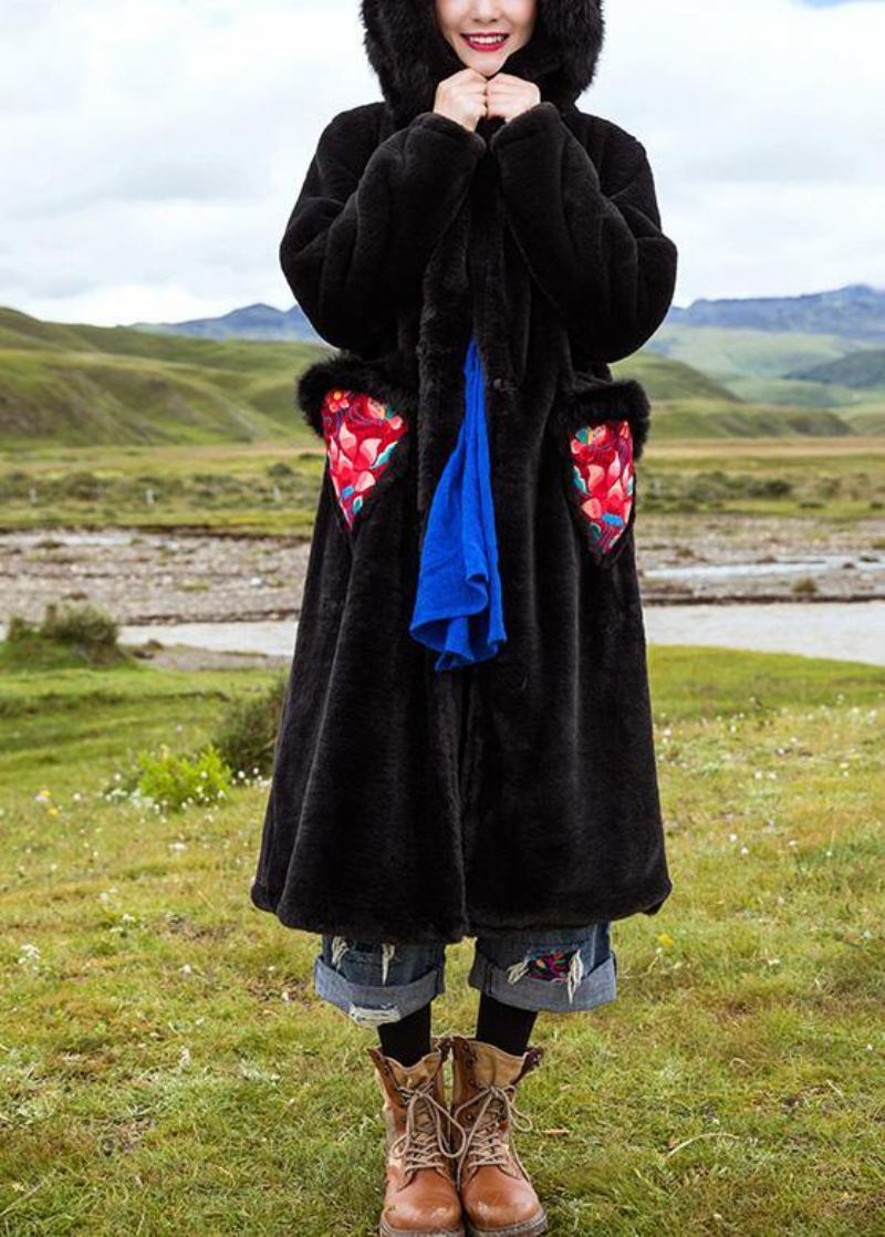 Vêtements À Capuche Avec Broderie Fine Pour Femmes Vestes Amples Noires